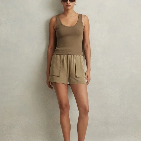 REISS isador drawstring short pull on tencel khaki safari size 6 US - Picture 2 of 12